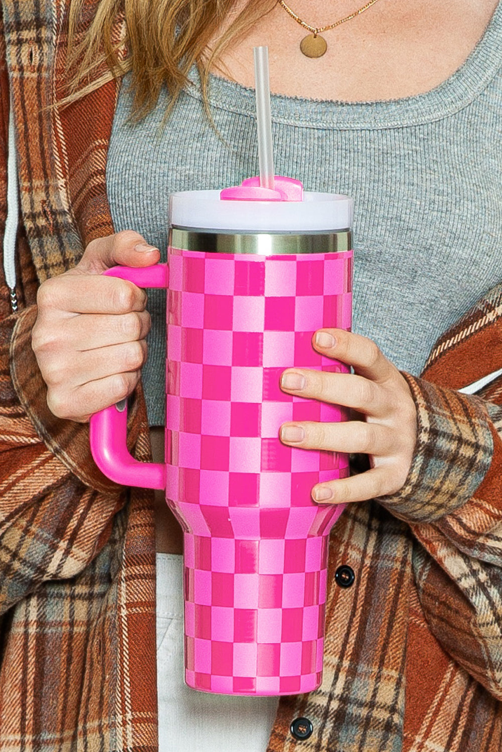 Bright Pink Checkered Print Handled Stainless Steel Tumbler Cup 40oz Dark Pink ONE SIZE 100%Alloy