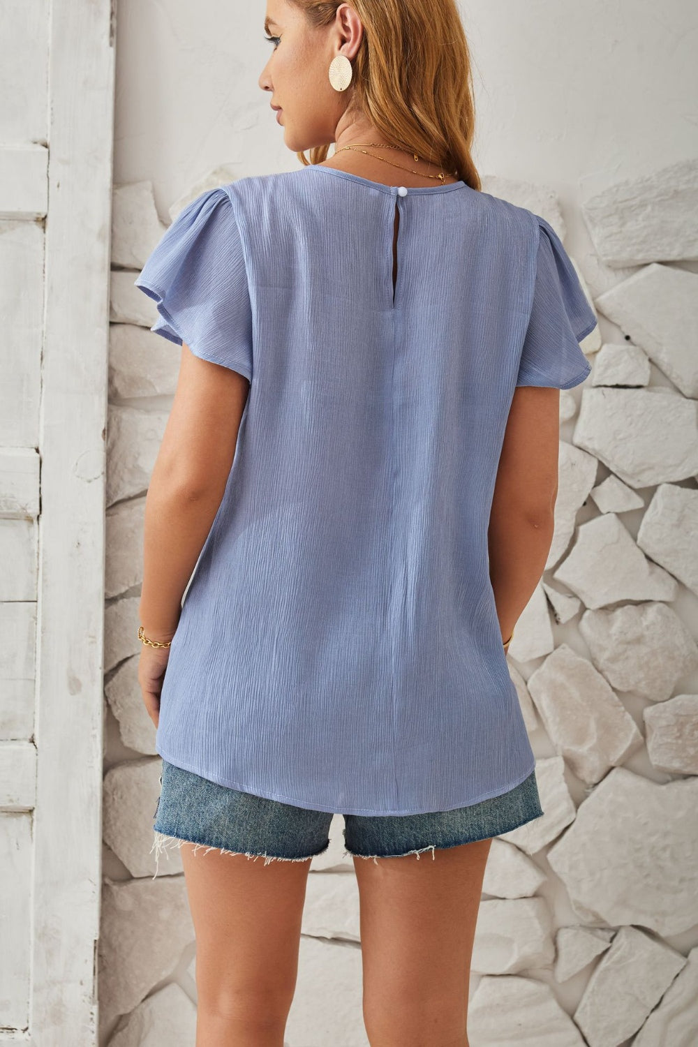 Round Neck Keyhole Cap Sleeve T-Shirt