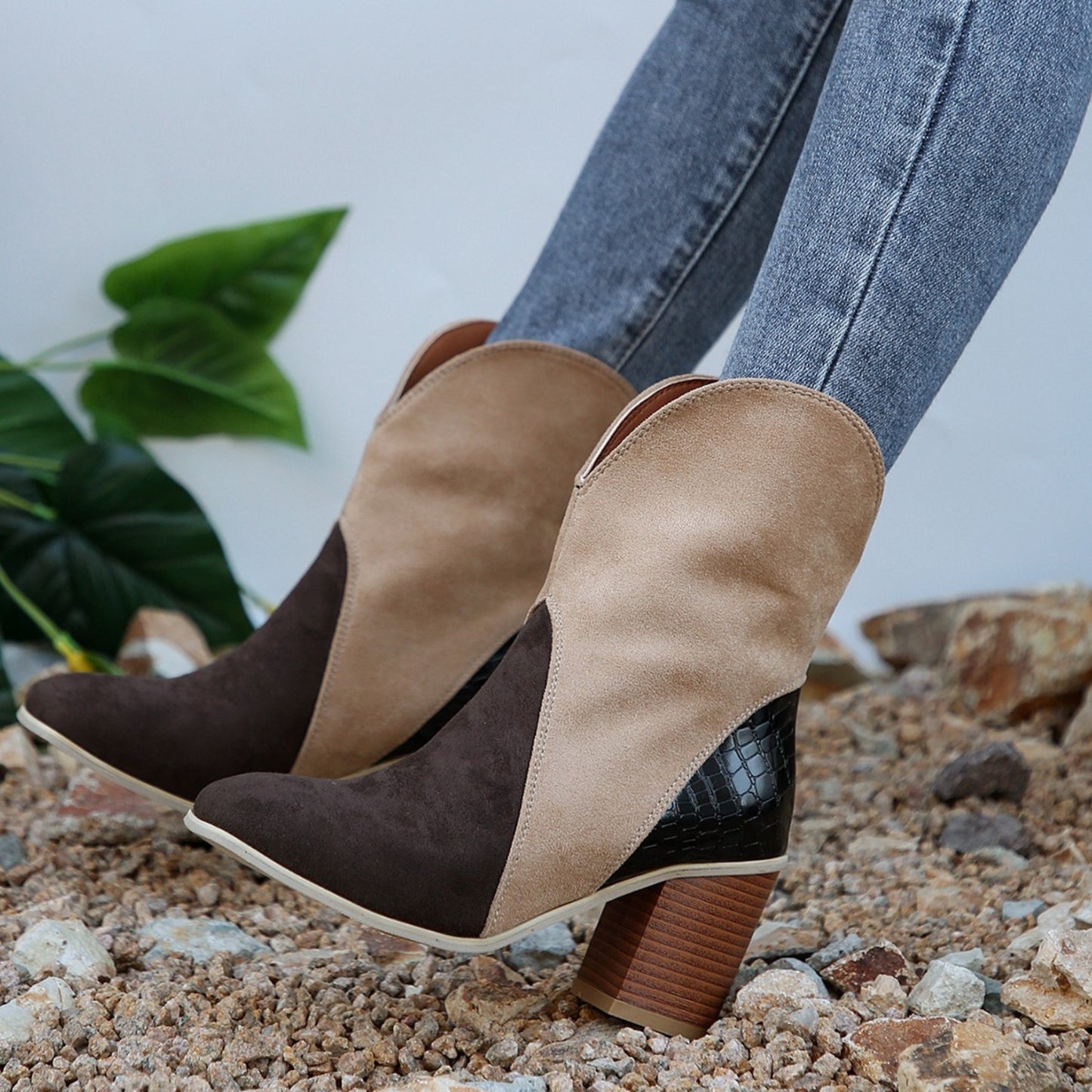 Suede Square Toe Block Heel Boots Coffee Brown