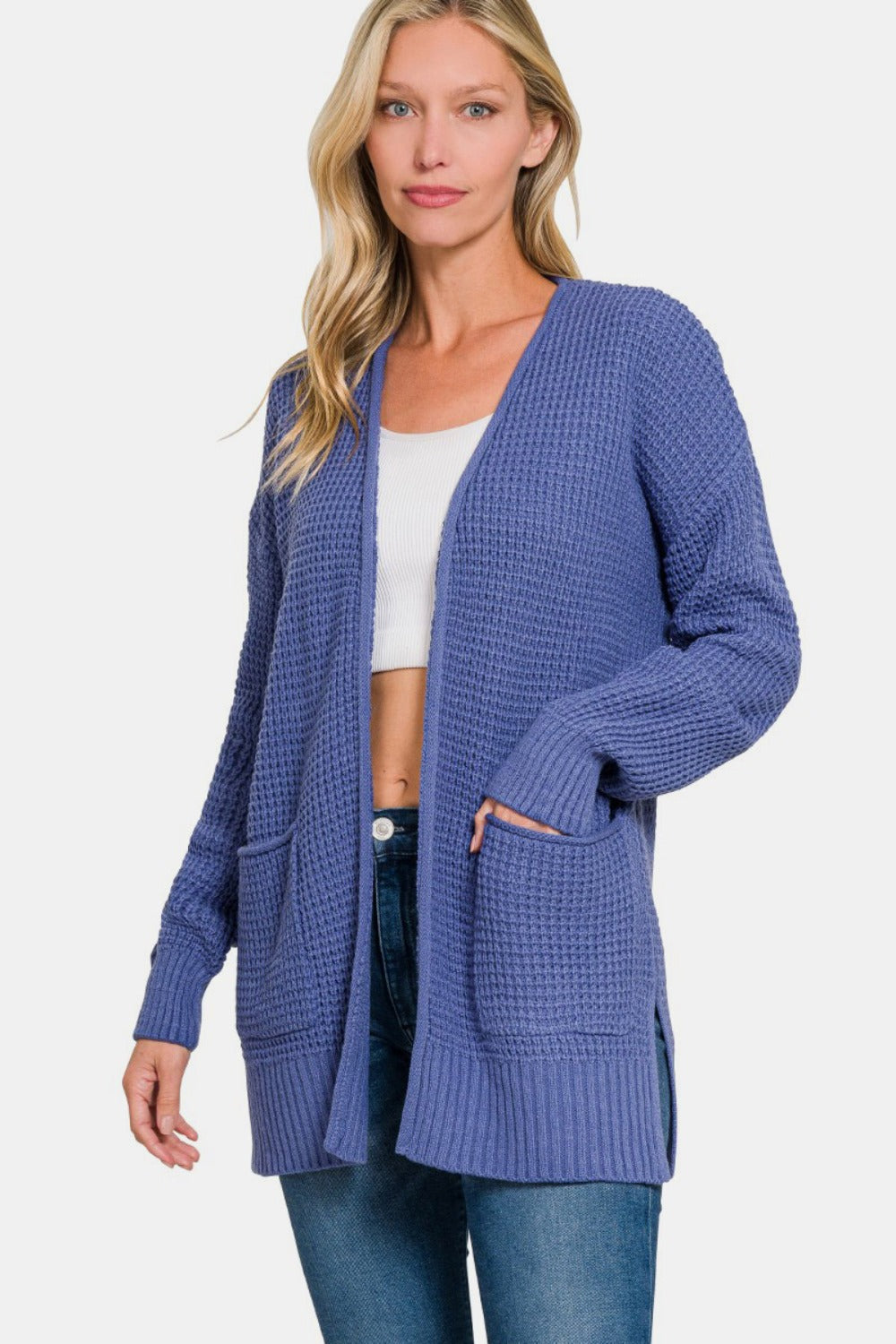 Zenana Waffle Open Front Sweater Cardigan Marlin