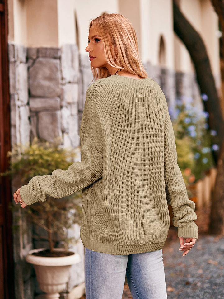 Waffle-Knit Long Sleeve Sweater with Pocket - Round Neck & Fashionable