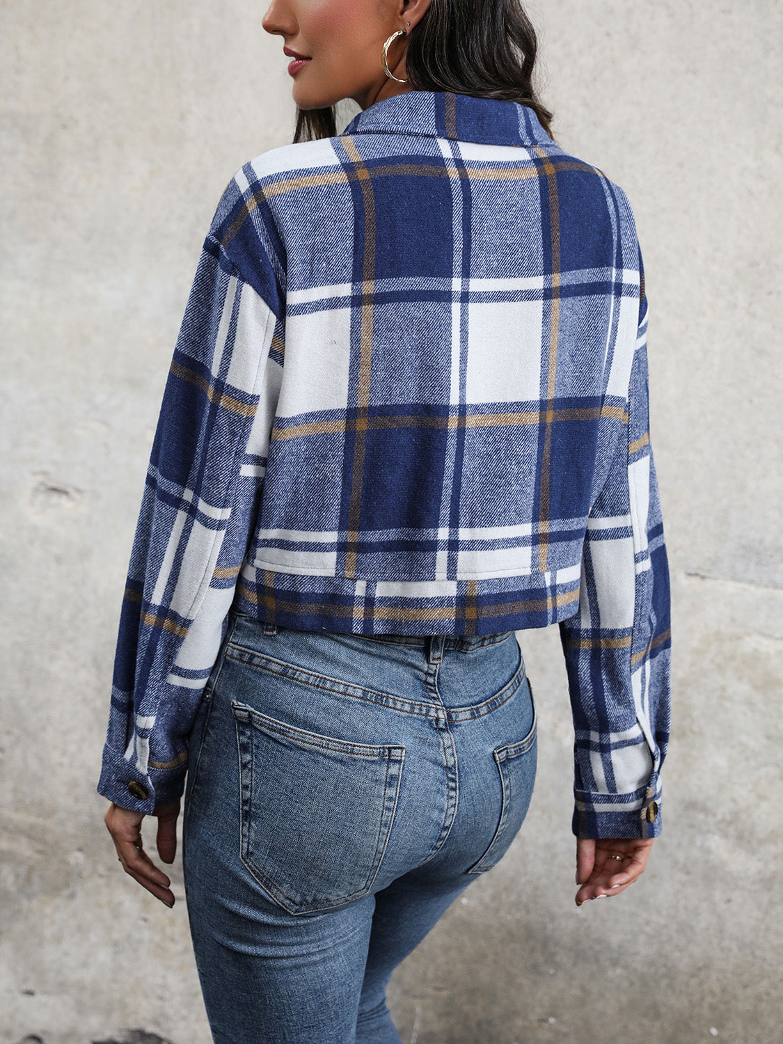 Plaid Button Up Drop Shoulder Cropped Jacket - Thandynie