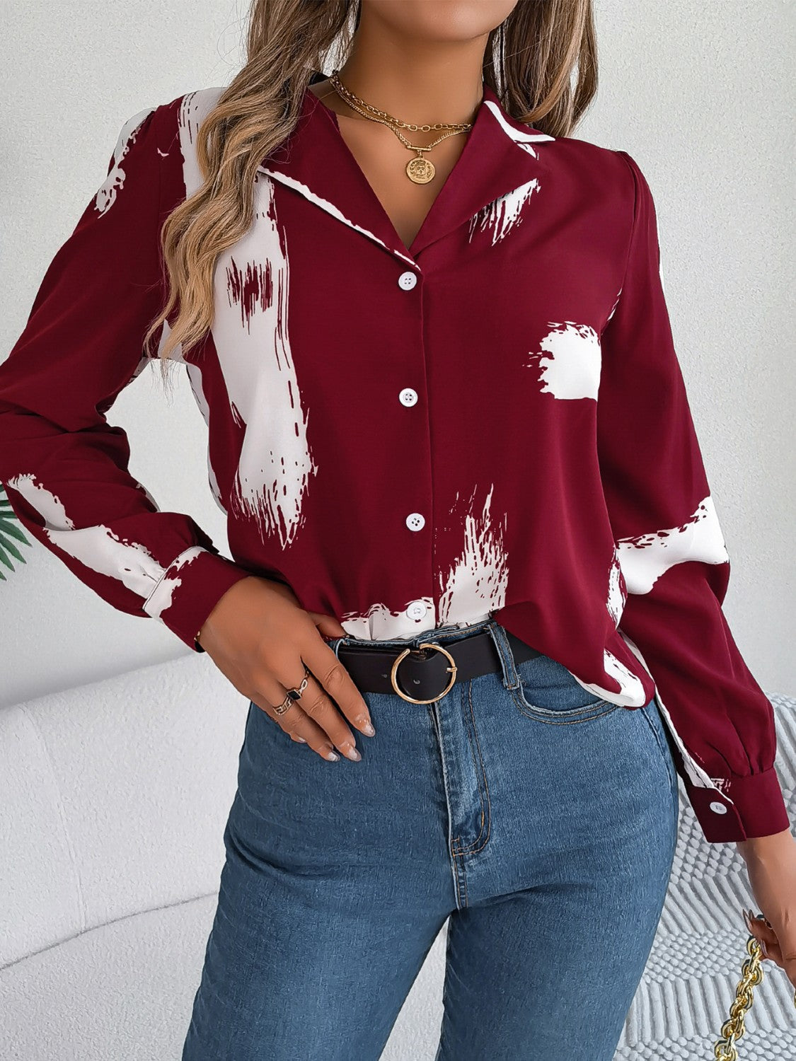 Printed Collared Neck Button Up Shirt Burgundy