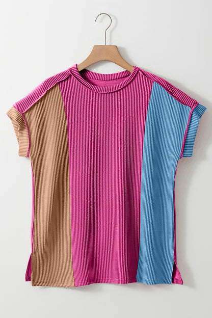 Color Block Round Neck Short Sleeve T-Shirt Hot Pink