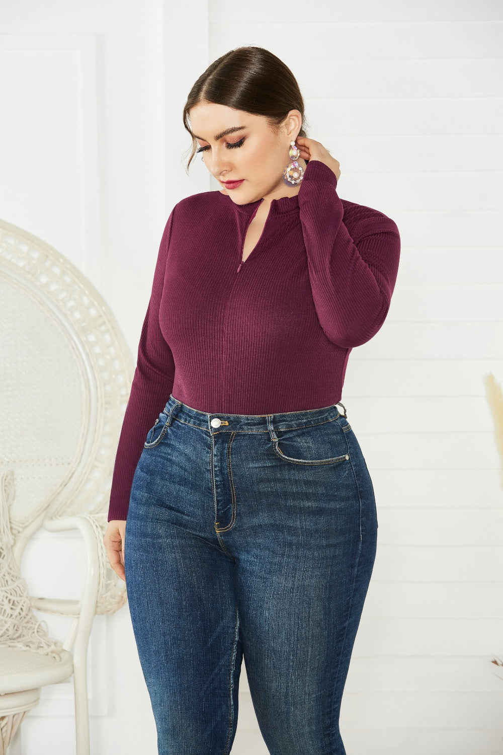 Plus Size Zip Up Long Sleeve Bodysuit - Thandynie