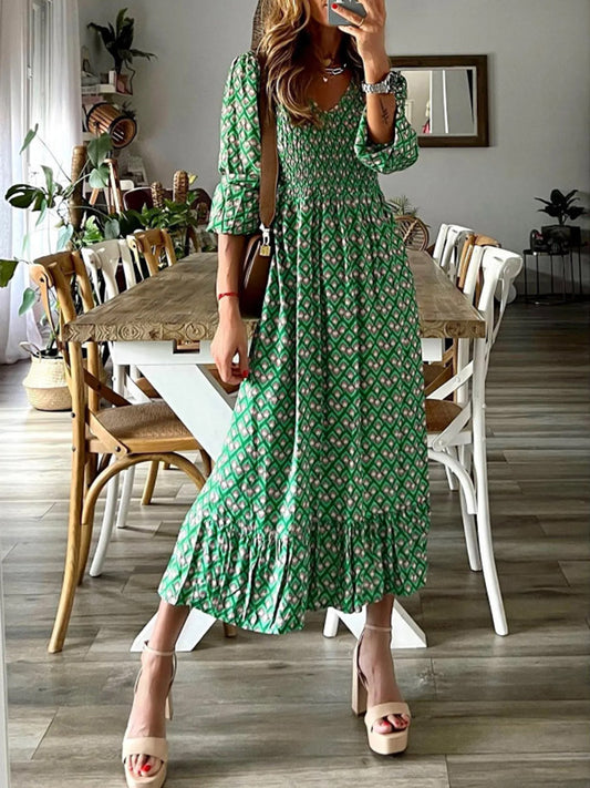 Smocked Printed V-Neck Midi Dress Green