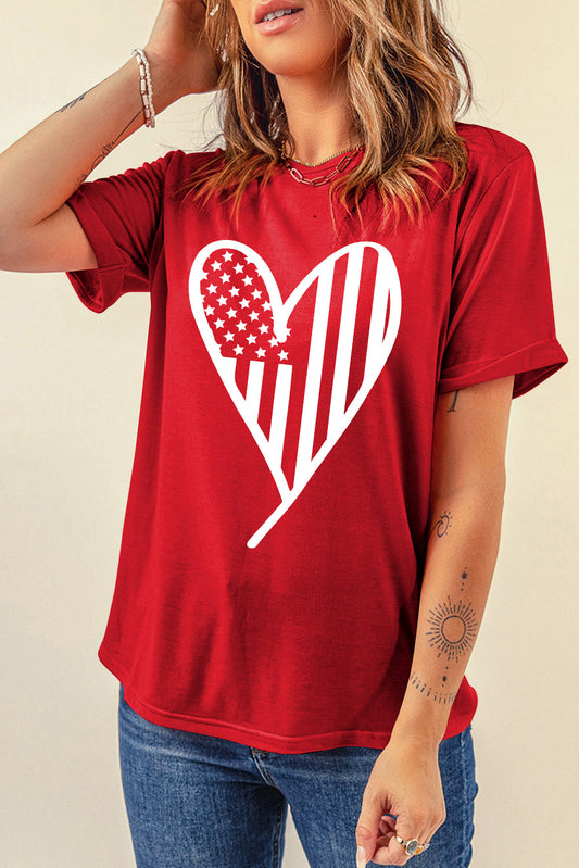 Heart Round Neck Short Sleeve T-Shirt Deep Red