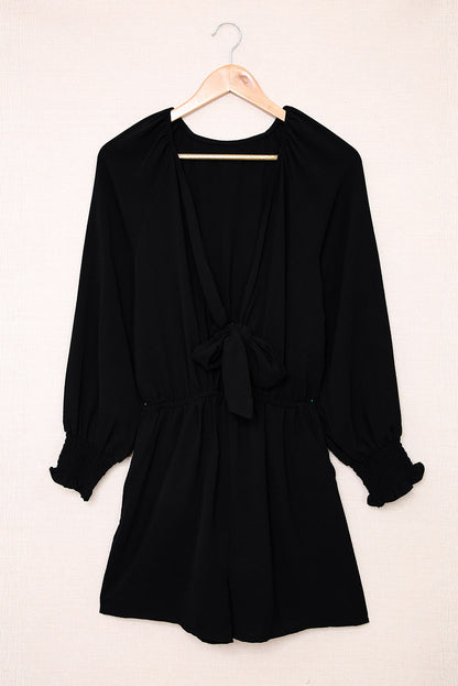 Tied Flounce Sleeve Plunge Romper Black