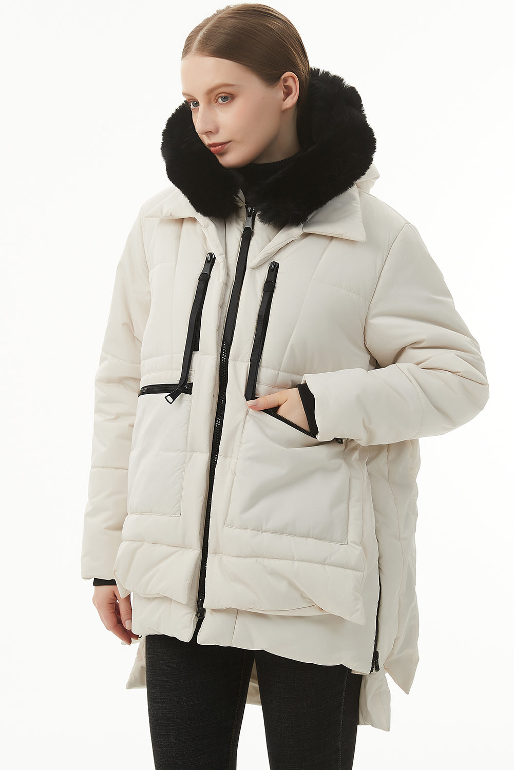 Beige Plush Linen Zip Up Hooded Puffer Coat