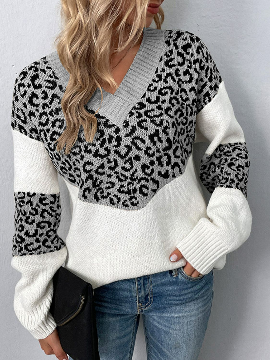 Leopard V-Neck Dropped Shoulder Sweater Heather Gray