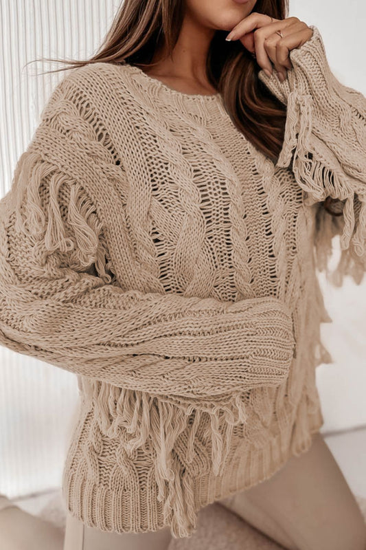 Cable-Knit Fringe Round Neck Sweater Camel