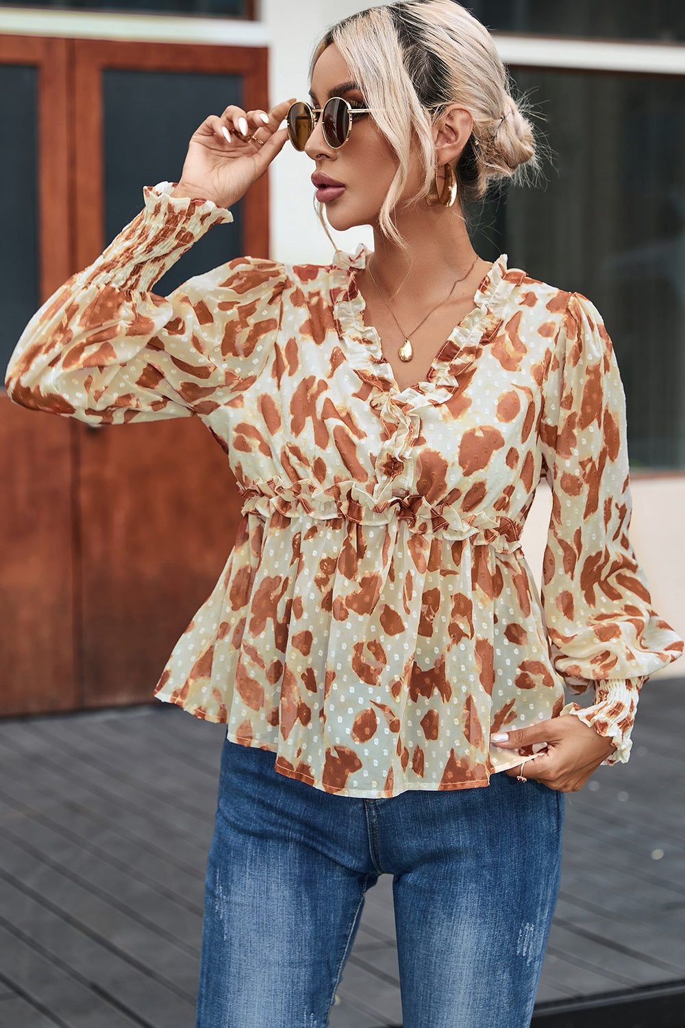 Frill Printed V-Neck Lantern Sleeve Blouse Khaki