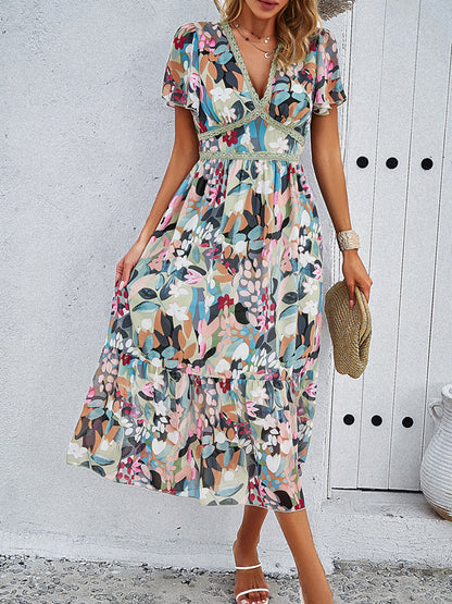 Printed V-Neck Flutter Sleeve Midi Dress Multicolor