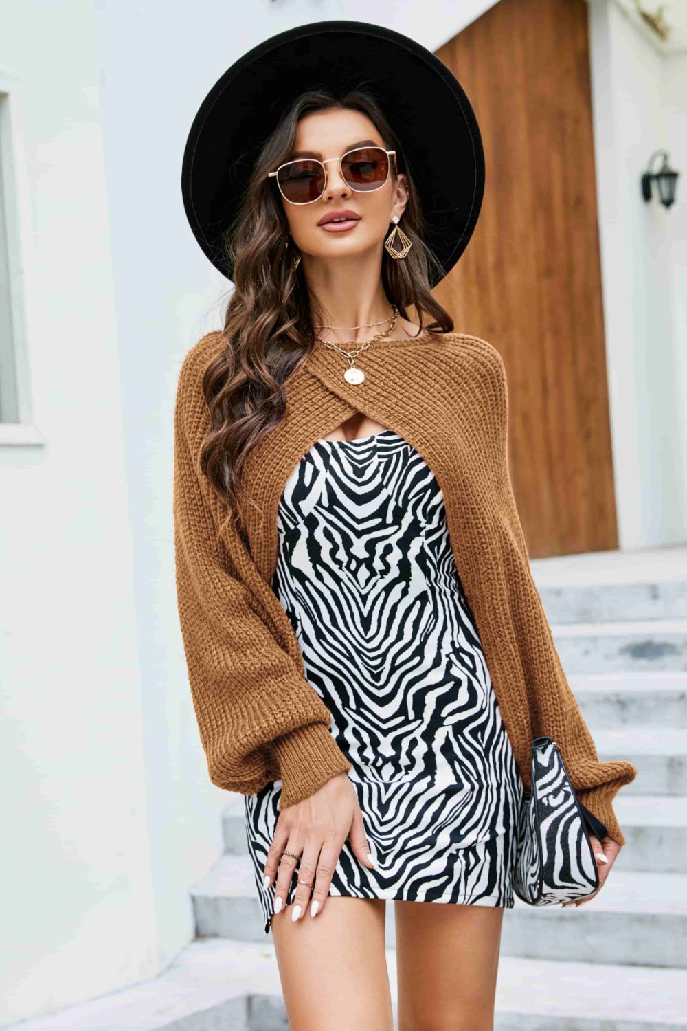 Rib-Knit Cropped Poncho Brown One Size