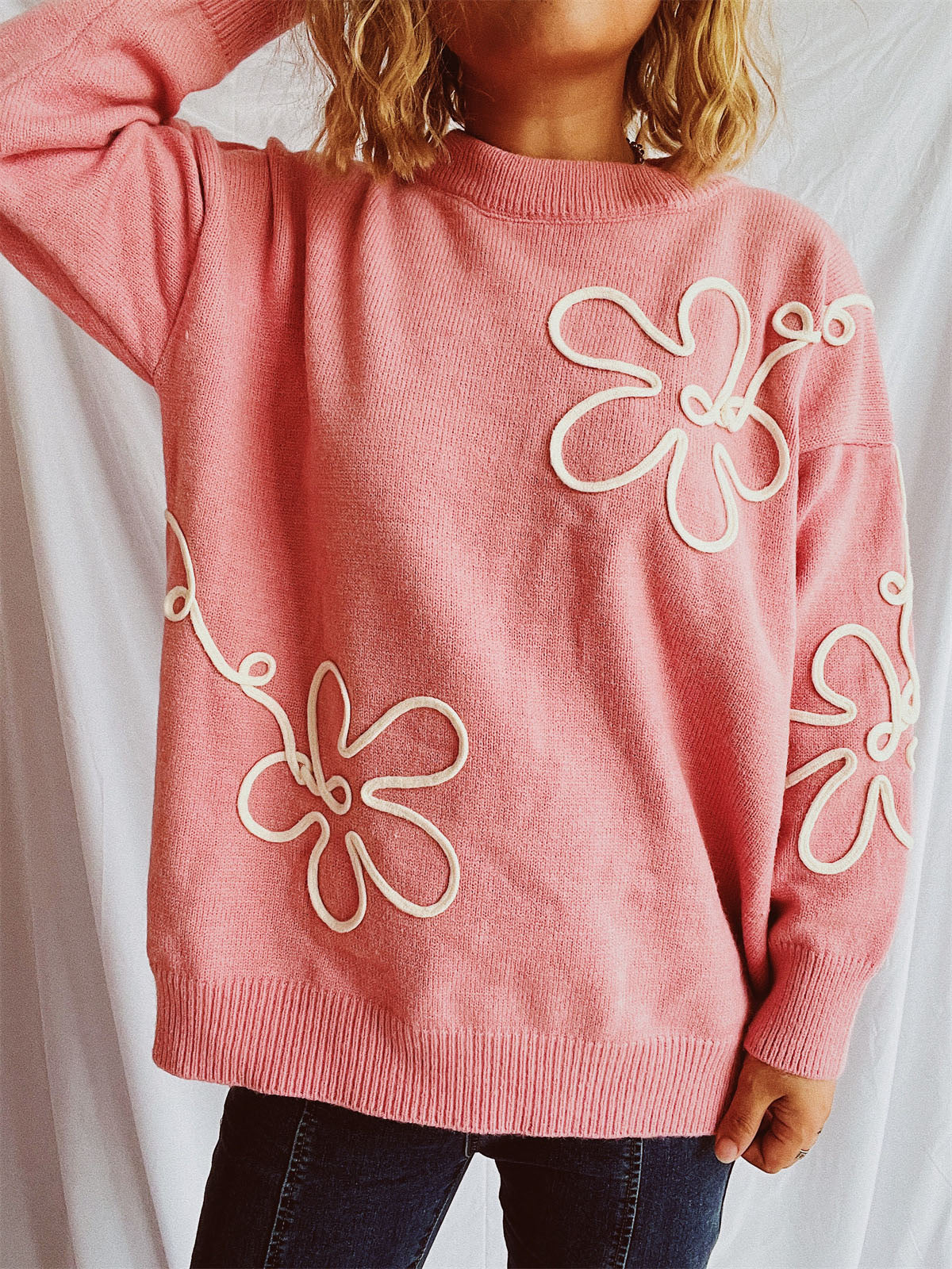 Flower Round Neck Long Sleeve Sweater Watermelon pink One Size