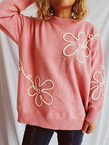 Flower Round Neck Long Sleeve Sweater Watermelon pink One Size