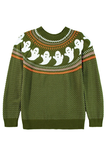 Jungle Green Halloween Ghost Pattern Drop Shoulder Sweater