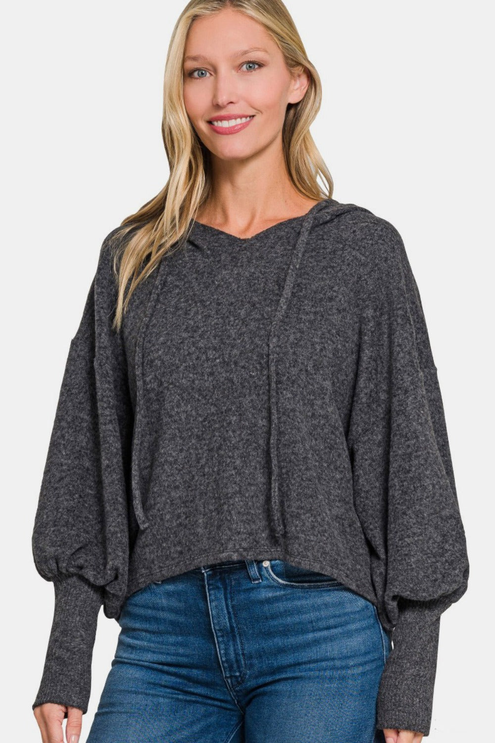 Zenana Brushed Hacci Drop Shoulder Cropped Hoodie Black