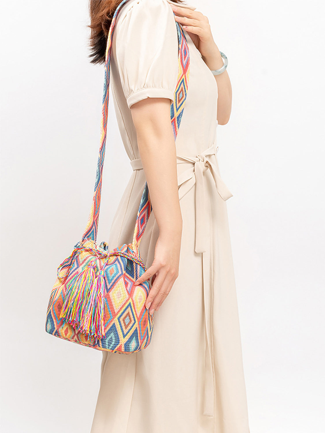 Drawstring Tassel Geometric Shoulder Bag - Thandynie