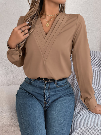 V-Neck Long Sleeve Blouse Camel