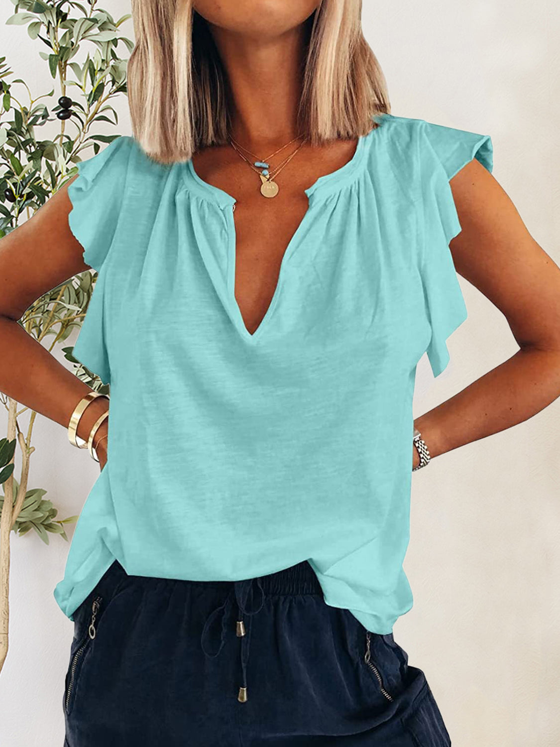 Ruffled Notched Cap Sleeve T-Shirt Light Blue