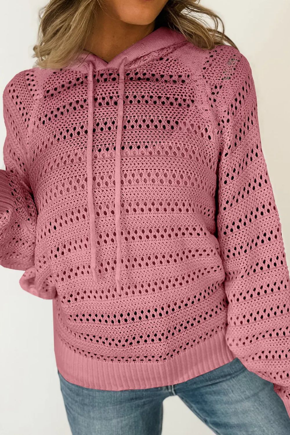 Openwork Drawstring Long Sleeve Hooded Knit Cover Up Dusty Pink S