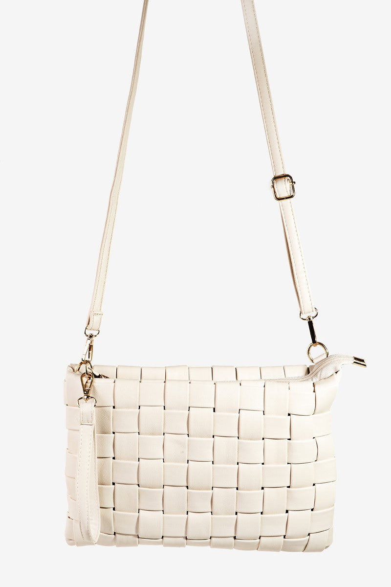 Fame Faux Leather Basket Weave Crossbody Bag Ivory One Size