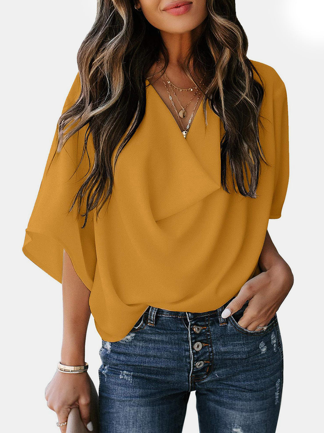 Full Size Cowl Neck Three-Quarter Sleeve Blouse Tangerine