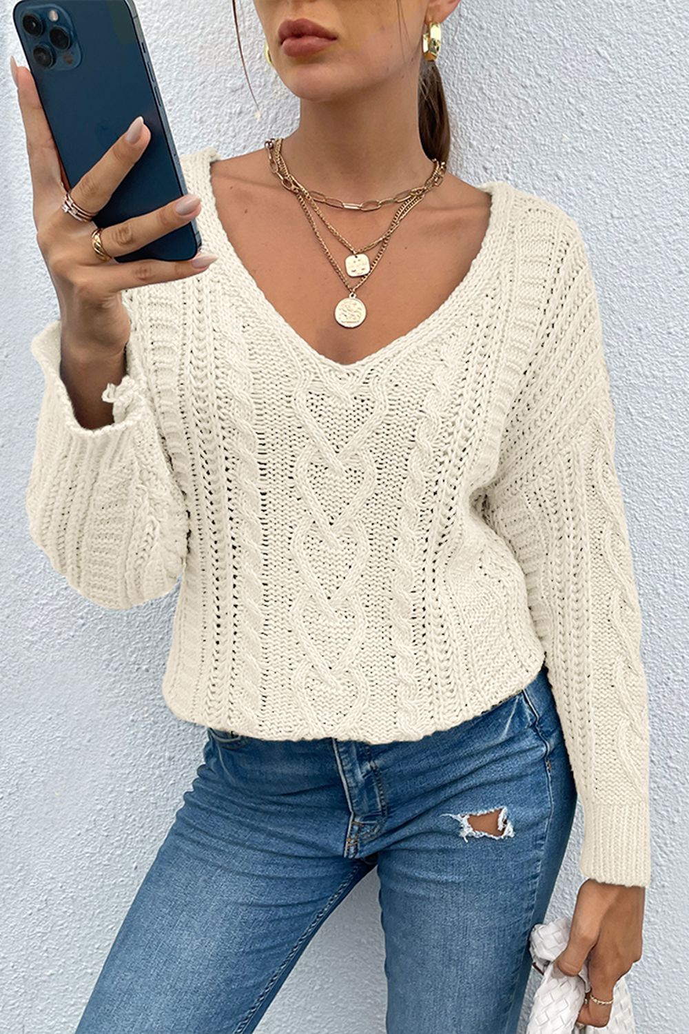 V-Neck Cable-Knit Long Sleeve Sweater