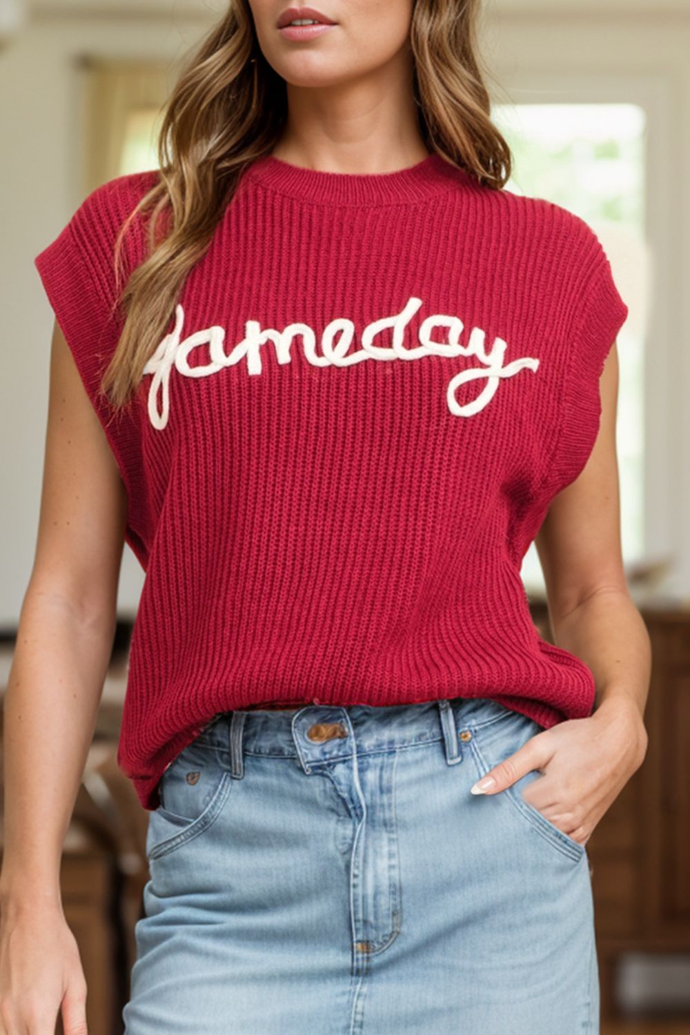 GAME DAY Round Neck Sweater Vest Burgundy