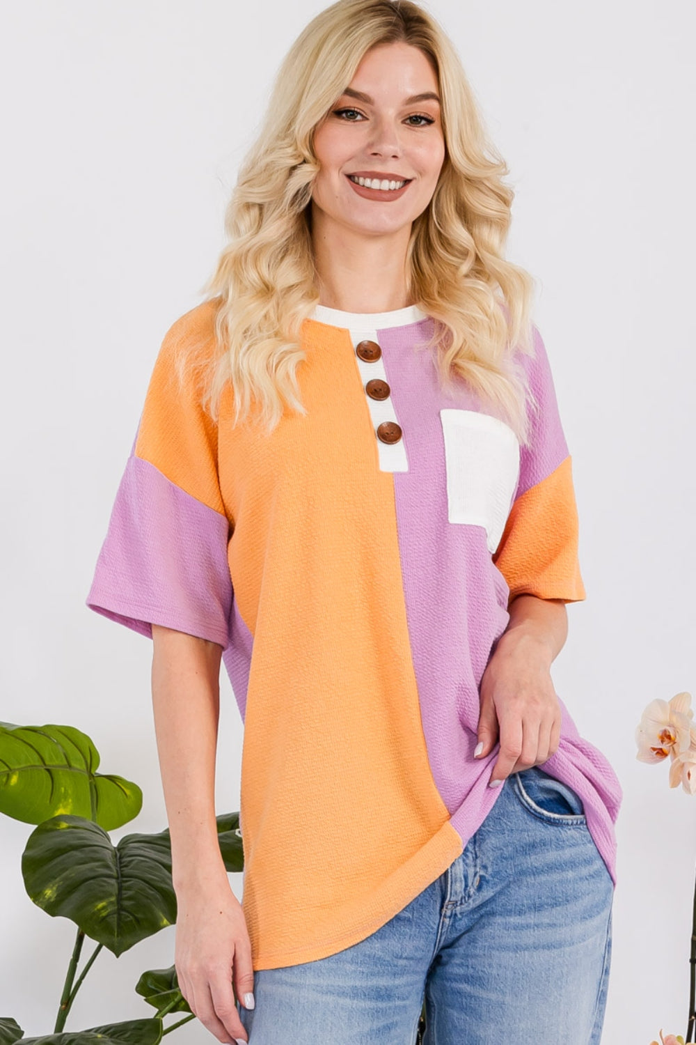 Celeste Full Size Color Block Short Sleeve T-Shirt LILAC