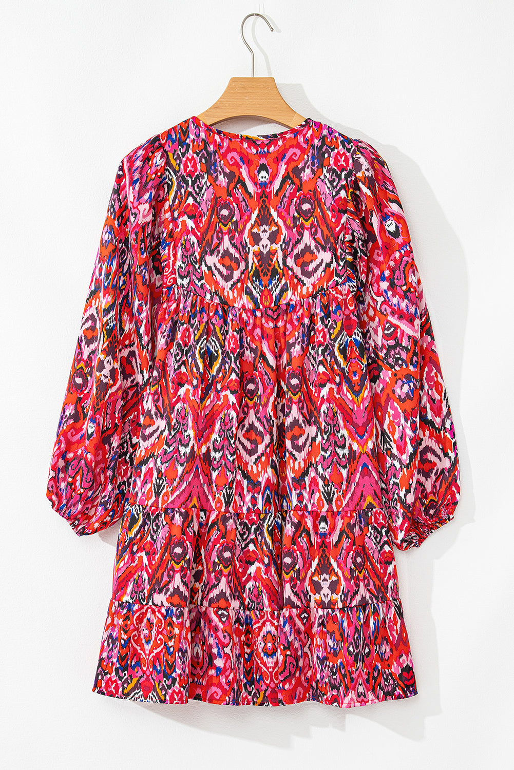 Rose Abstract Printed Tassel Tied Neck Long Sleeve Ruffled Mini Dress