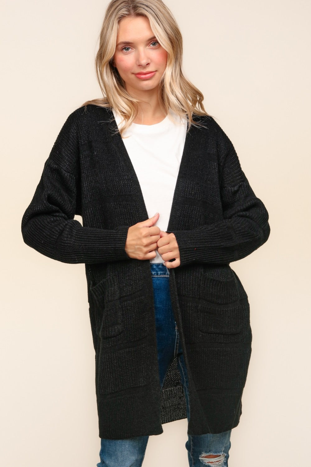 Haptics Stripe Textured Open Front Cardigan with Pockets Black