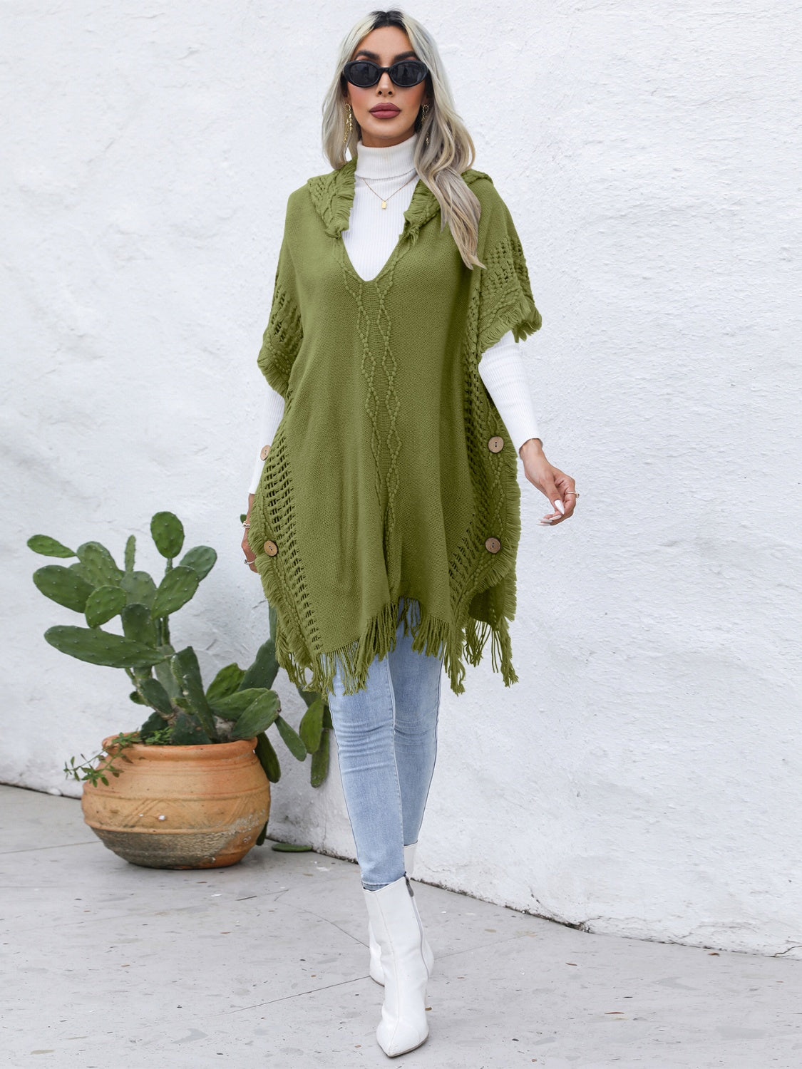 Fringe Trim Buttoned Hooded Poncho - Thandynie