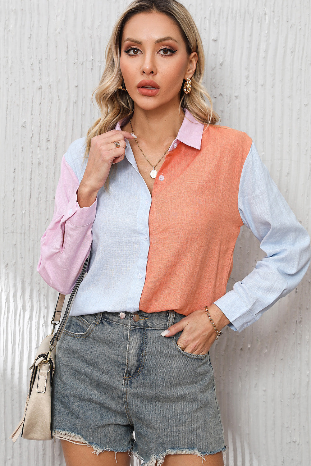 Color Block Button Up Long Sleeve Shirt