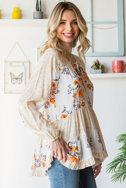 Floral Tie Neck Tiered Blouse