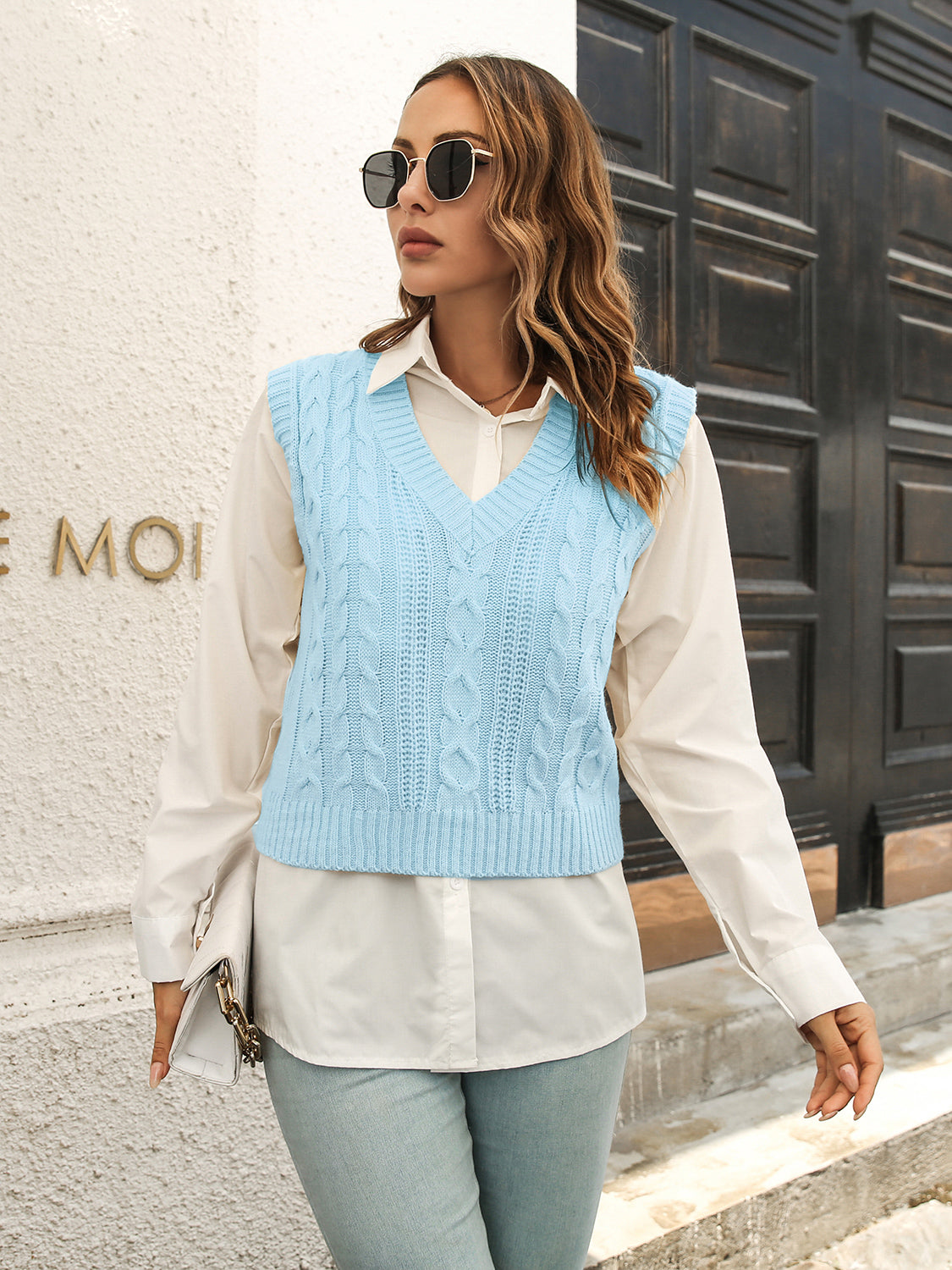 Urban Style V-Neck Sweater Vest Pastel Blue