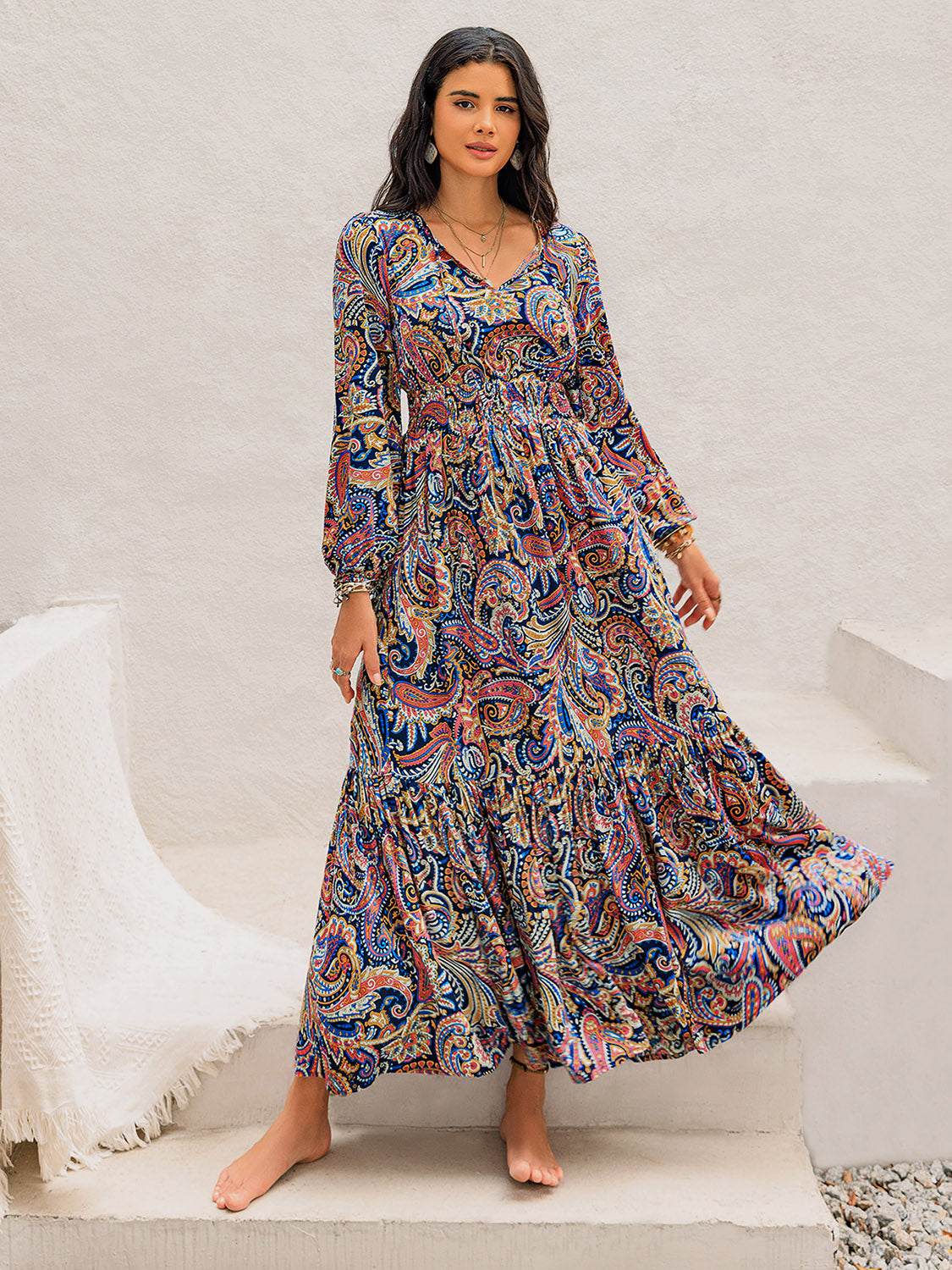 Printed Tie Neck Long Sleeve Midi Dress Multicolor