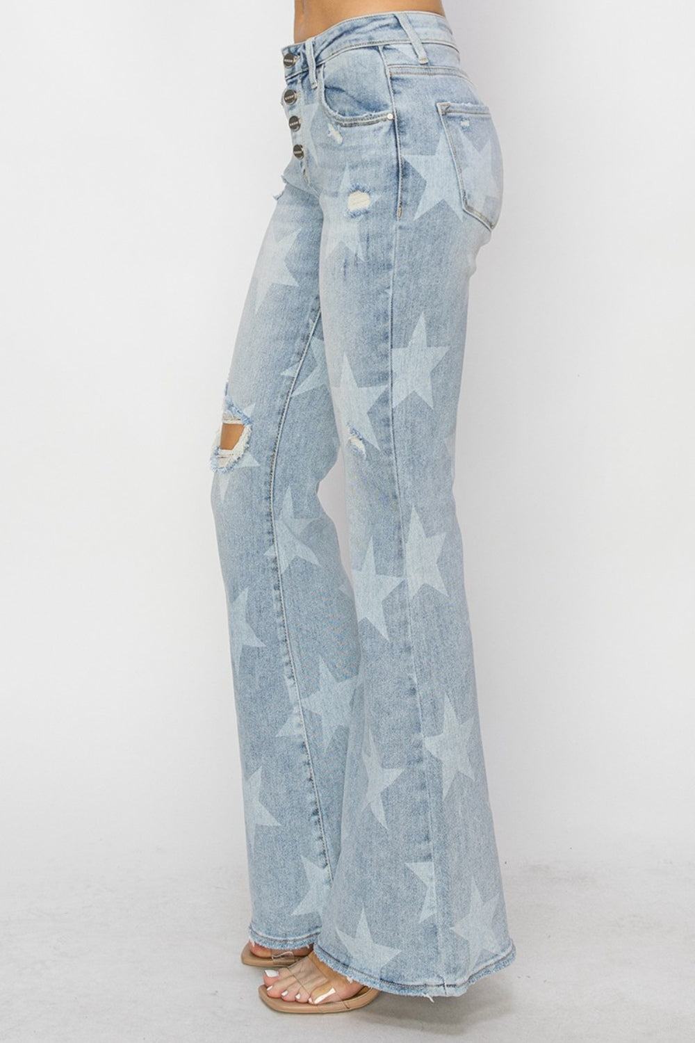 RISEN Mid Rise Button Fly Start Print Flare Jeans - Thandynie