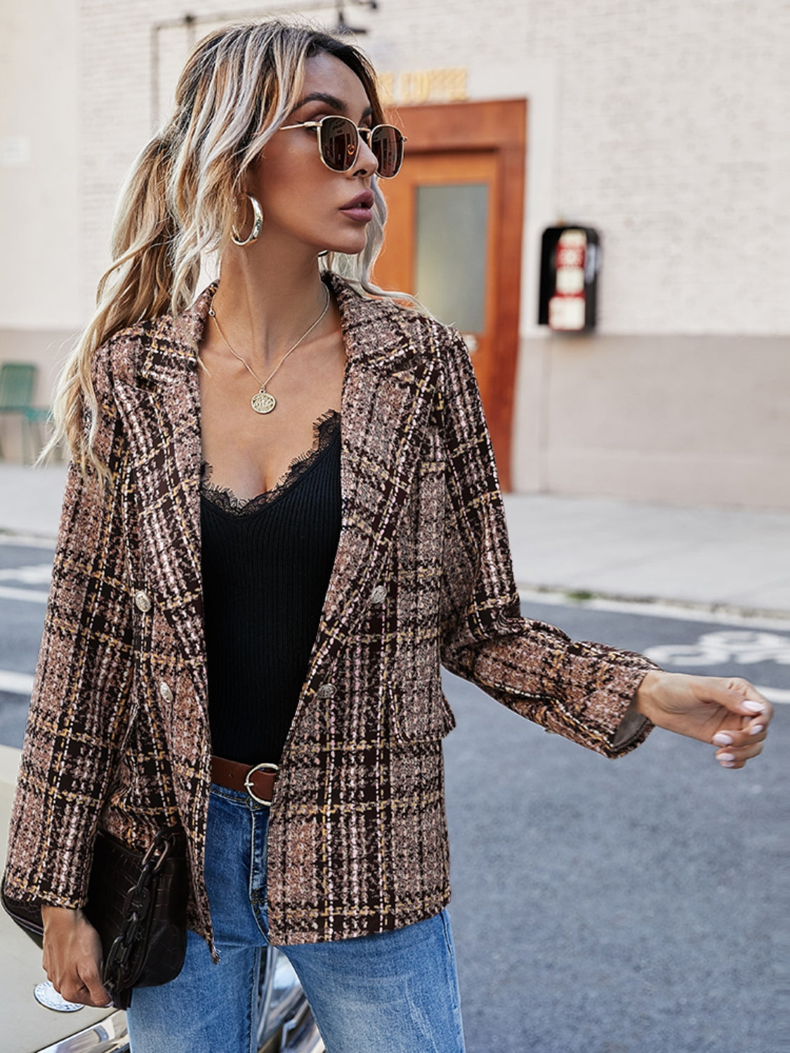 Full Size Plaid Lapel Collar Blazer Brown