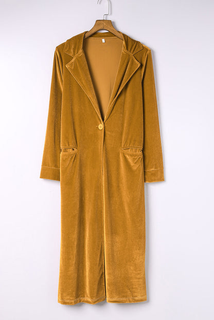 Yellow Retro Velvet Long Sleeve Pocket Coat