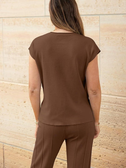 Round Neck Cap Sleeve Top and Pants Knit Set Brown