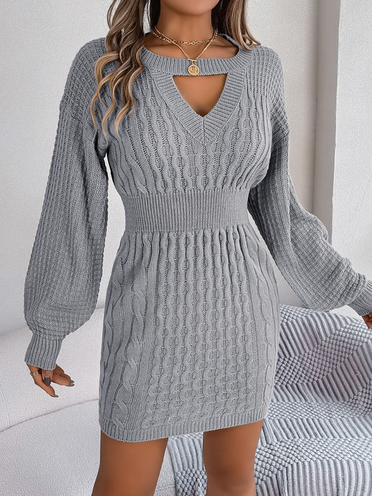 Cable-Knit Cutout Round Neck Slit Sweater Dress Charcoal