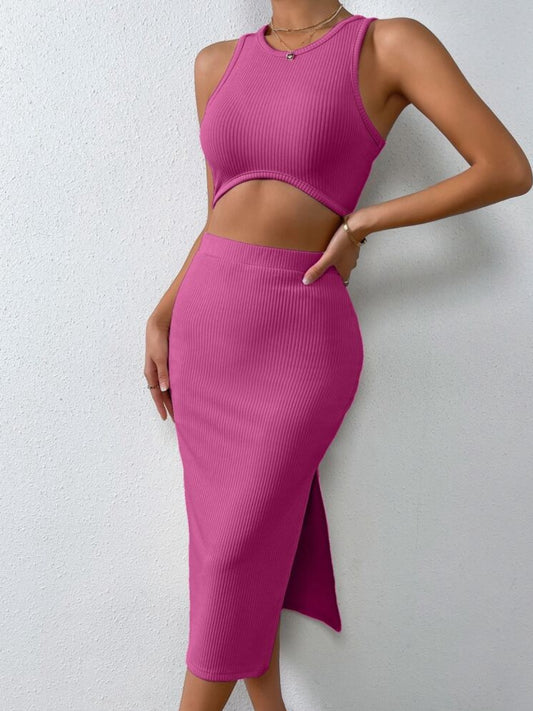 Ribbed Round Neck Tank and Slit Skirt Sweater Set Hot Pink