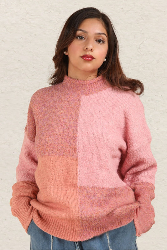 VERY J Color Block Mock Neck Drop Shoulder Sweater Pink