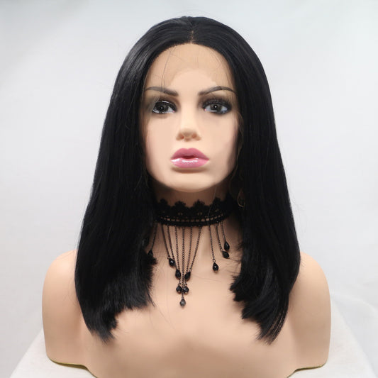 13*3" Lace Front Wigs Synthetic Mid-length Straight 12" 130% Density Black One Size