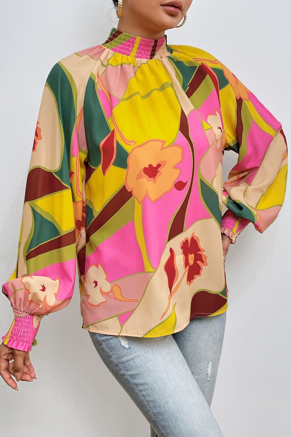 Floral Smocked Lantern Sleeve Mock Neck Blouse