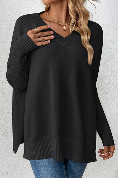 Slit V-Neck Dropped Shoulder Sweater Black