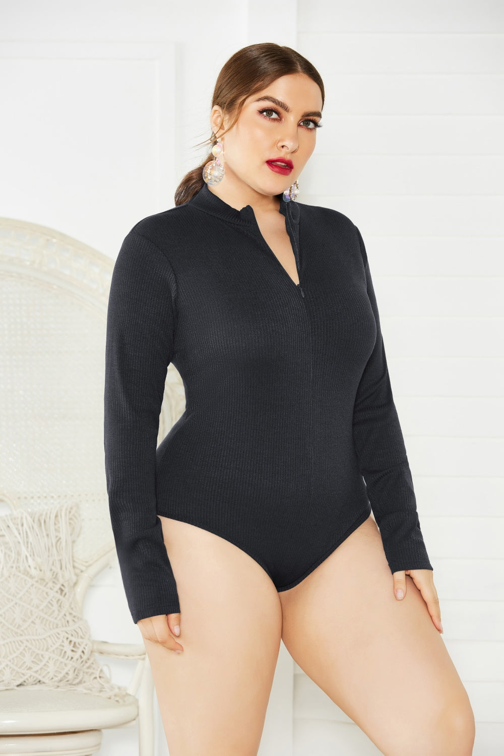 Plus Size Zip Up Long Sleeve Bodysuit - Thandynie