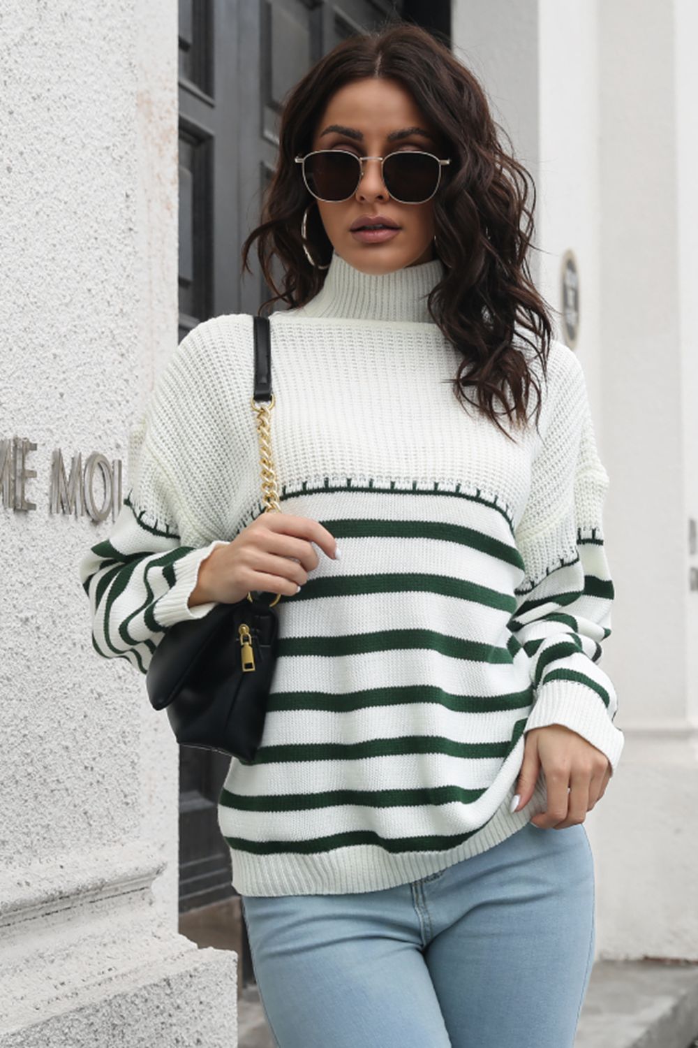 Striped Turtleneck Drop Shoulder Sweater Dark Green